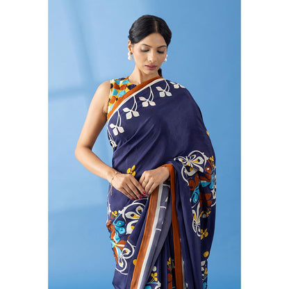 Thee Modern Roots Navy Floral Printed and Embroidered Crepe Festive Saree with Unstitched Blouse