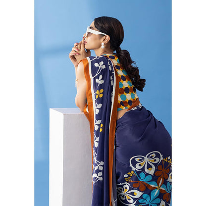Thee Modern Roots Navy Floral Printed and Embroidered Crepe Festive Saree with Unstitched Blouse