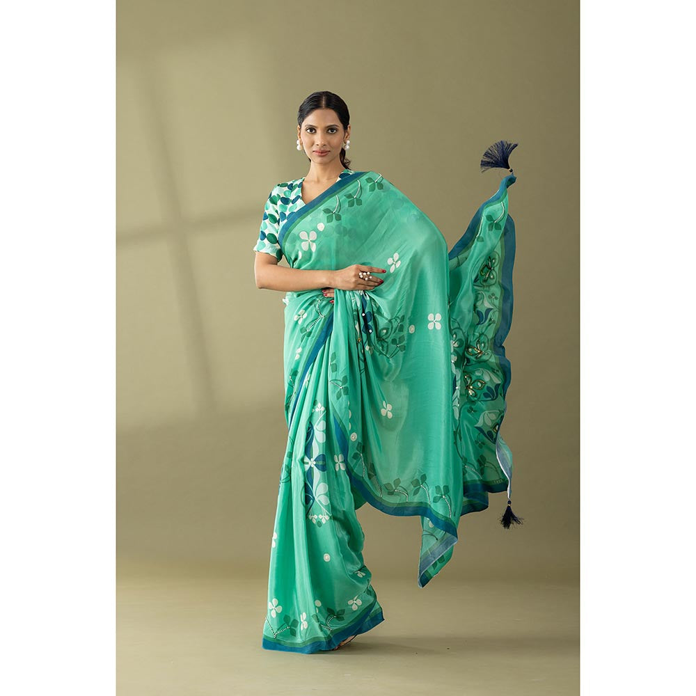 Thee Modern Roots Sea Green Floral Printed and Embroidered Crepe with Unstitched Blouse