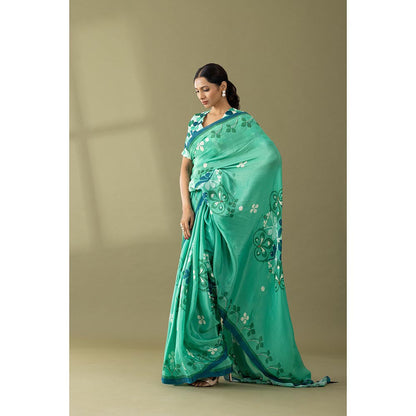 Thee Modern Roots Sea Green Floral Printed and Embroidered Crepe with Unstitched Blouse