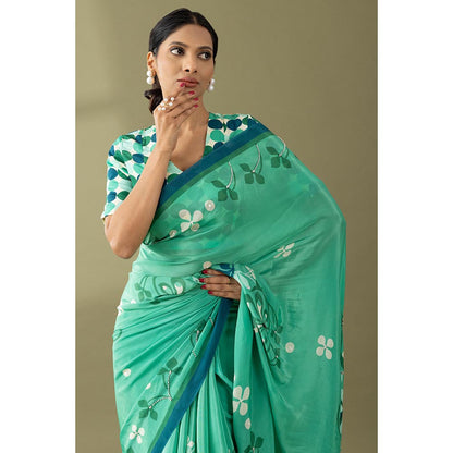 Thee Modern Roots Sea Green Floral Printed and Embroidered Crepe with Unstitched Blouse