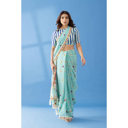 Thee Modern Roots Sky Blue Classic Charm Printed Crepe Saree with Unstitched Blouse