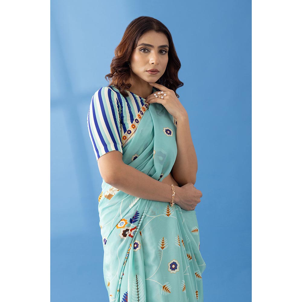 Thee Modern Roots Sky Blue Classic Charm Printed Crepe Saree with Unstitched Blouse