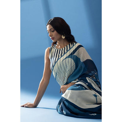 Thee Modern Roots Slate Blue Abstract Printed Georgette Saree with Unstitched Blouse