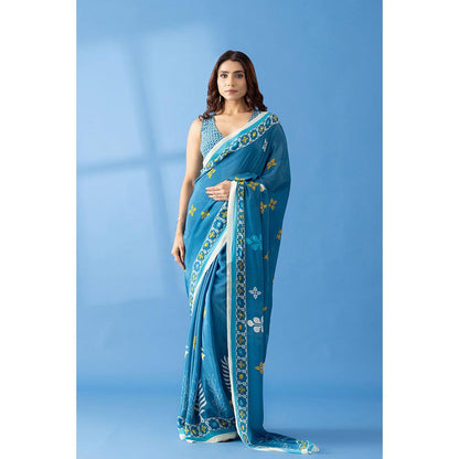 Thee Modern Roots Smoky Blue Printed and Embellished Crepe Designer Saree with Unstitched Blouse