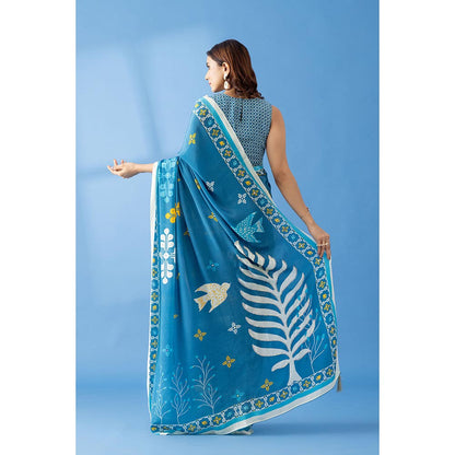 Thee Modern Roots Smoky Blue Printed and Embellished Crepe Designer Saree with Unstitched Blouse