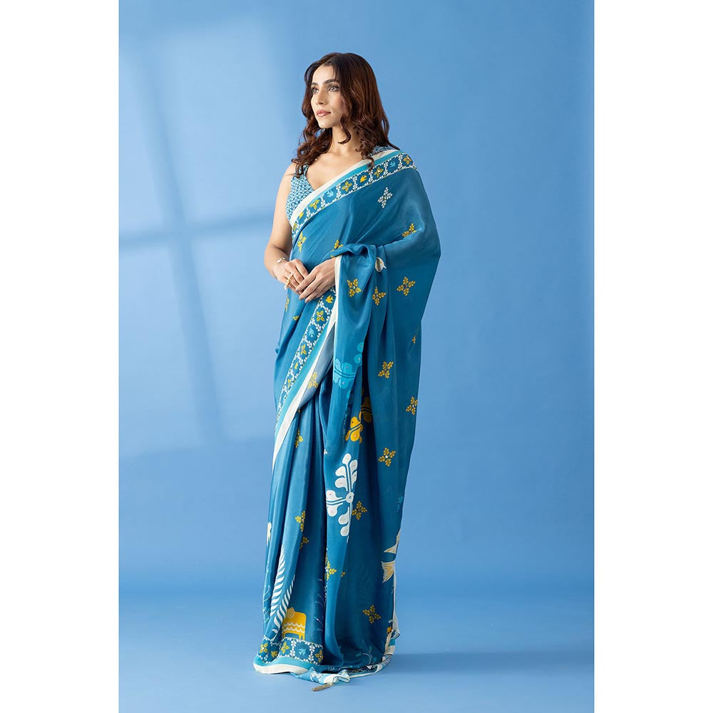 Thee Modern Roots Smoky Blue Printed and Embellished Crepe Designer Saree with Unstitched Blouse