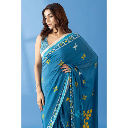 Thee Modern Roots Smoky Blue Printed and Embellished Crepe Designer Saree with Unstitched Blouse