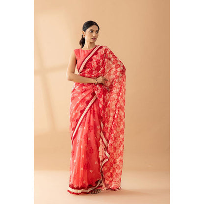 Thee Modern Roots Watermelon Red Petal Shower Printed Chiffon Saree with Unstitched Blouse