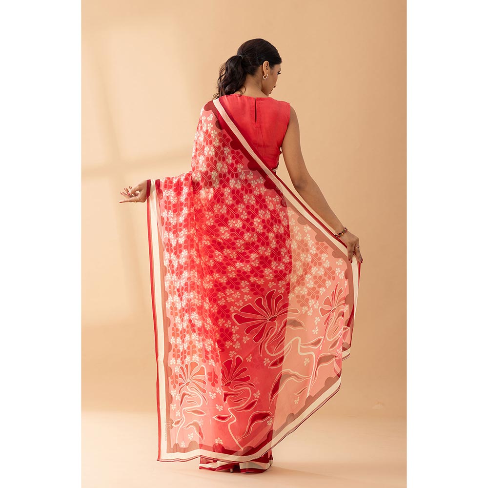 Thee Modern Roots Watermelon Red Petal Shower Printed Chiffon Saree with Unstitched Blouse