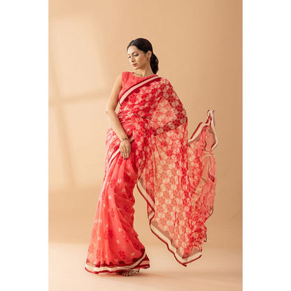Thee Modern Roots Watermelon Red Petal Shower Printed Chiffon Saree with Unstitched Blouse