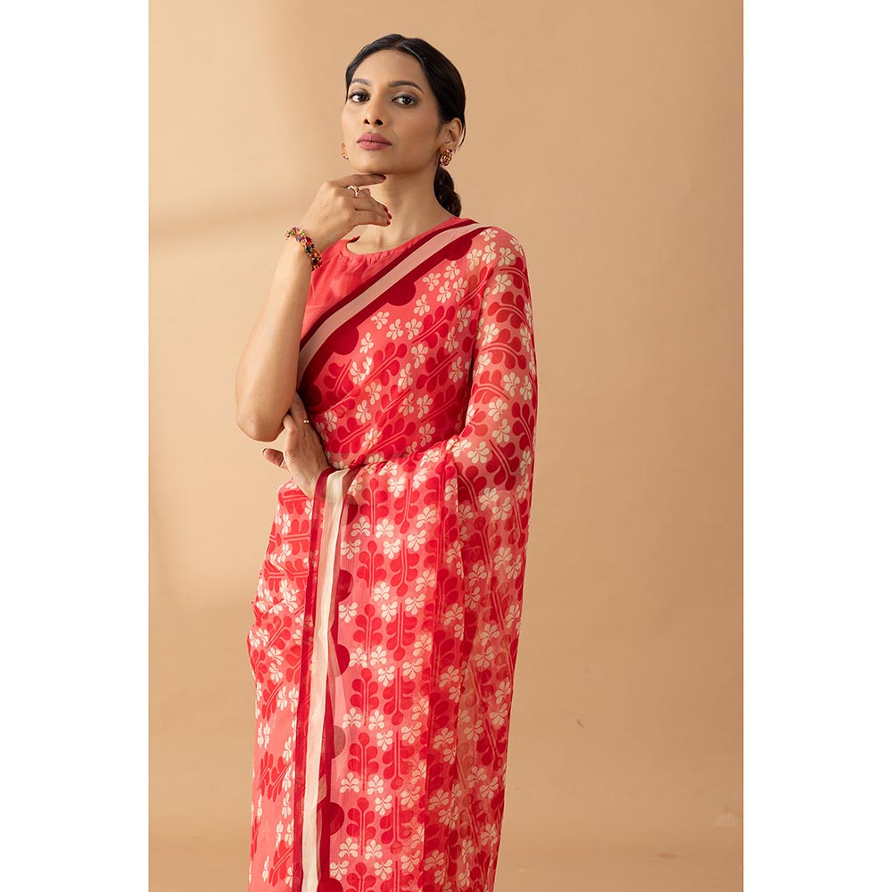 Thee Modern Roots Watermelon Red Petal Shower Printed Chiffon Saree with Unstitched Blouse
