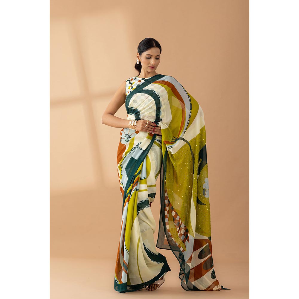 Thee Modern Roots Light Olive Printed and Embellished Georgette Saree with Unstitched Blouse
