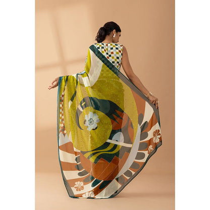 Thee Modern Roots Light Olive Printed and Embellished Georgette Saree with Unstitched Blouse