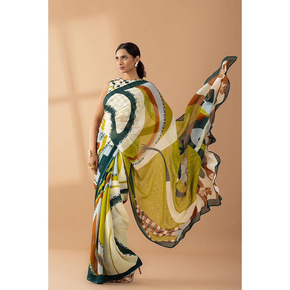 Thee Modern Roots Light Olive Printed and Embellished Georgette Saree with Unstitched Blouse