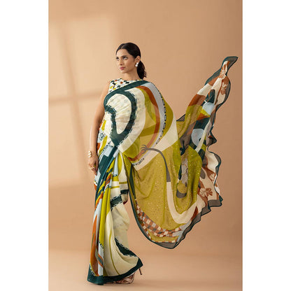 Thee Modern Roots Light Olive Printed and Embellished Georgette Saree with Unstitched Blouse