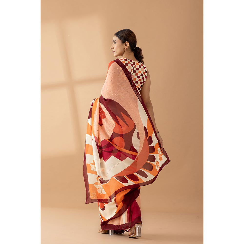 Thee Modern Roots Whimsical Swirls Rust Printed and Embellished Saree with Unstitched Blouse