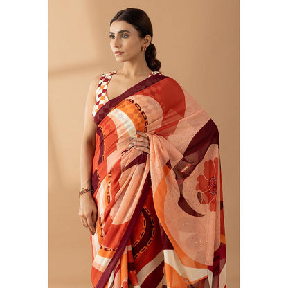 Thee Modern Roots Whimsical Swirls Rust Printed and Embellished Saree with Unstitched Blouse