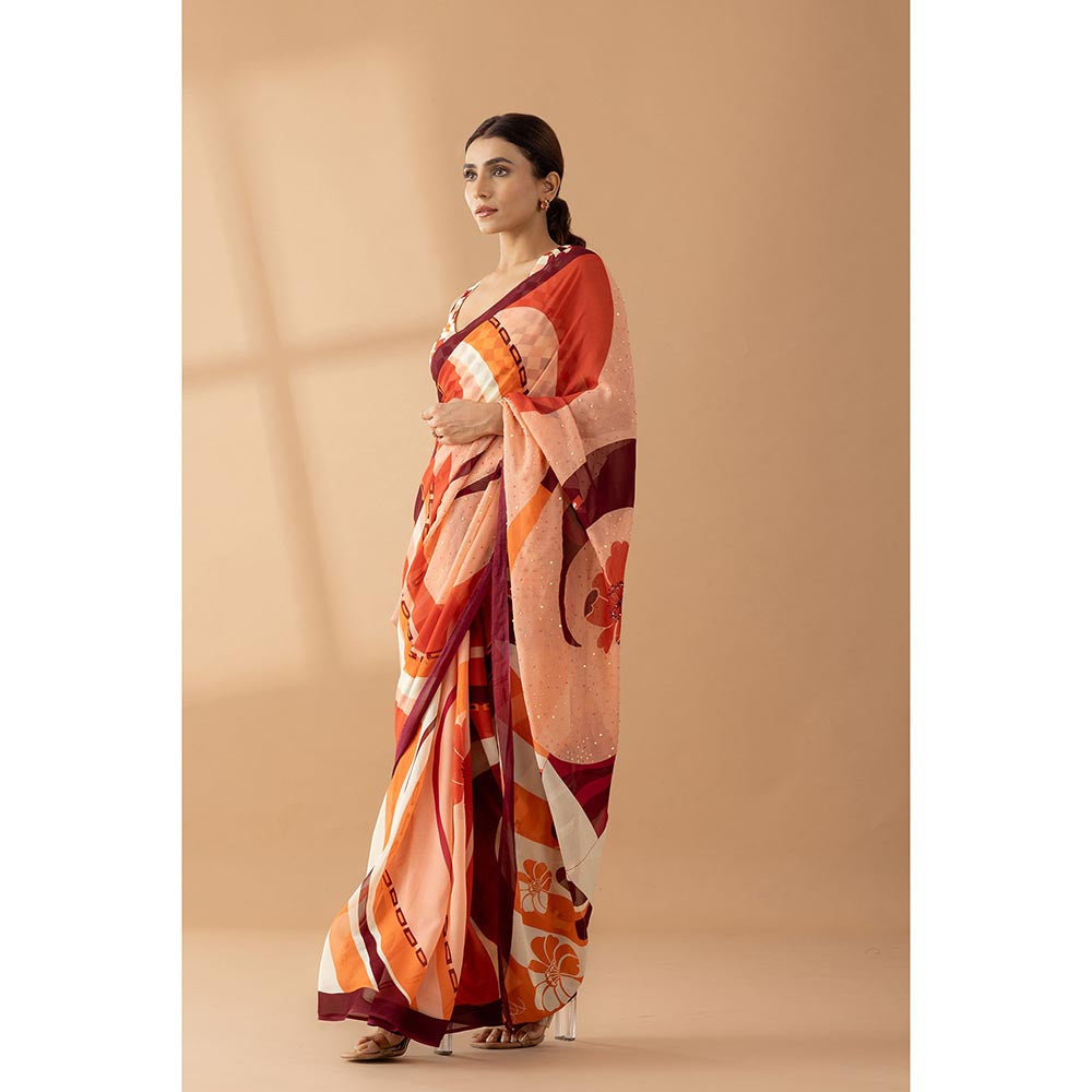 Thee Modern Roots Whimsical Swirls Rust Printed and Embellished Saree with Unstitched Blouse