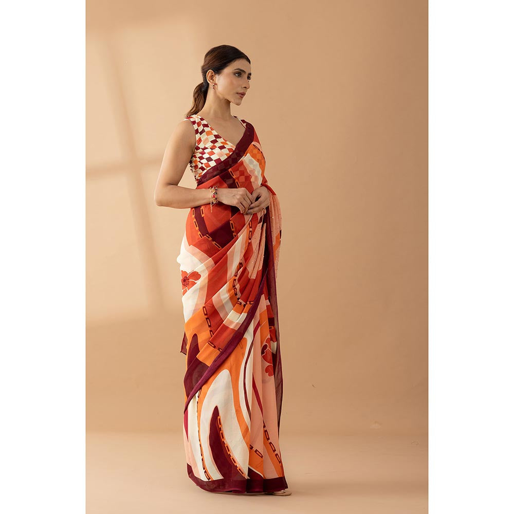 Thee Modern Roots Whimsical Swirls Rust Printed and Embellished Saree with Unstitched Blouse