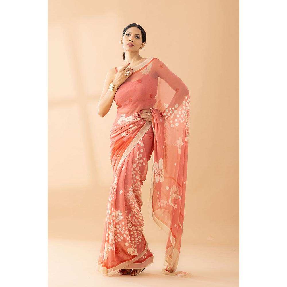 Thee Modern Roots Peach Fuzz Printed and Embroidered Chiffon Saree with Unstitched Blouse