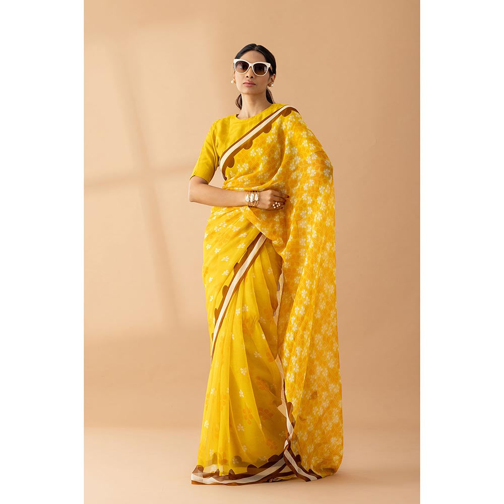 Thee Modern Roots Yellow Petal Shower Printed Chiffon Saree with Unstitched Blouse