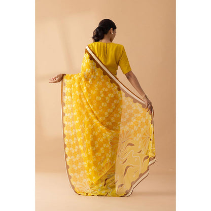 Thee Modern Roots Yellow Petal Shower Printed Chiffon Saree with Unstitched Blouse