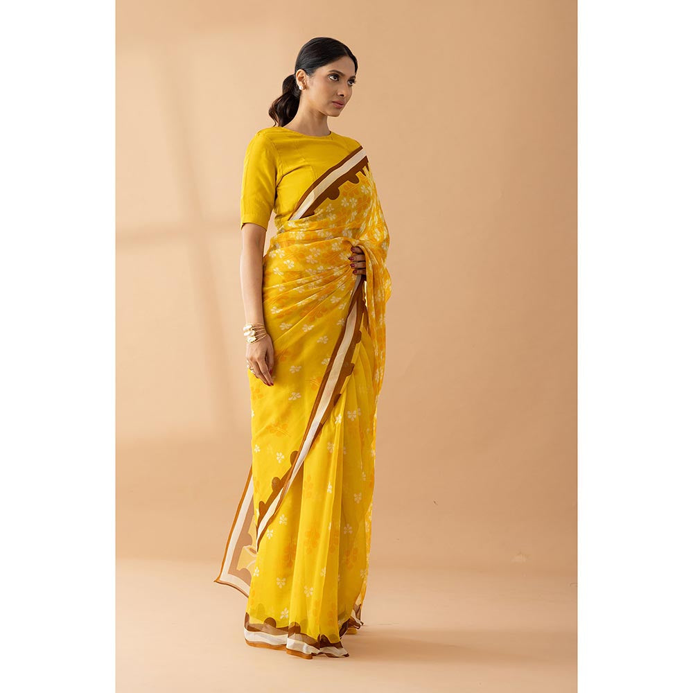 Thee Modern Roots Yellow Petal Shower Printed Chiffon Saree with Unstitched Blouse