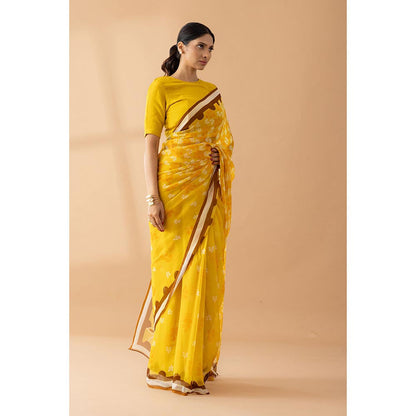 Thee Modern Roots Yellow Petal Shower Printed Chiffon Saree with Unstitched Blouse