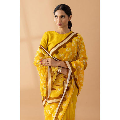 Thee Modern Roots Yellow Petal Shower Printed Chiffon Saree with Unstitched Blouse
