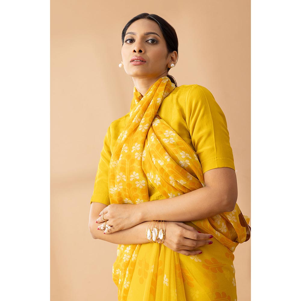 Thee Modern Roots Yellow Petal Shower Printed Chiffon Saree with Unstitched Blouse