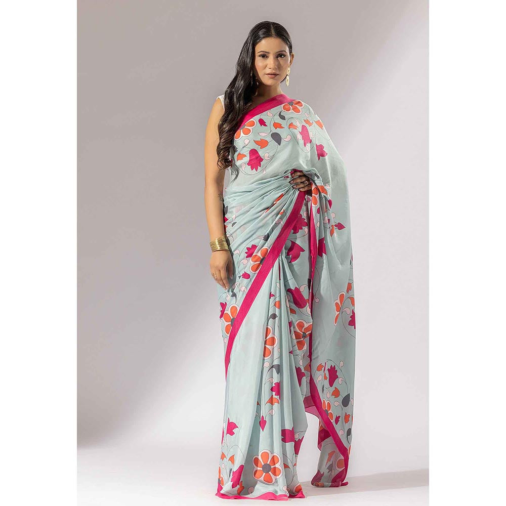 Thee Modern Roots Bouquet Breeze Floral Printed Crepe Saree with Unstitched Blouse