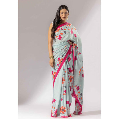 Thee Modern Roots Bouquet Breeze Floral Printed Crepe Saree with Unstitched Blouse