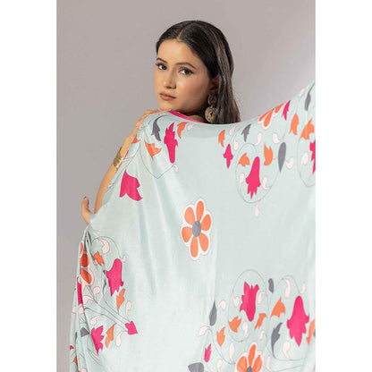 Thee Modern Roots Bouquet Breeze Floral Printed Crepe Saree with Unstitched Blouse