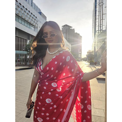 Thee Modern Roots Floating Petals Printed Satin Georgette Saree with Unstitched Blouse