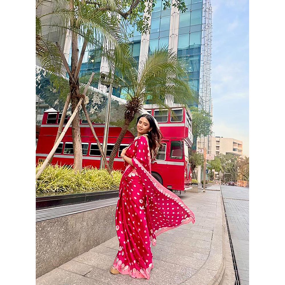 Thee Modern Roots Floating Petals Printed Satin Georgette Saree with Unstitched Blouse