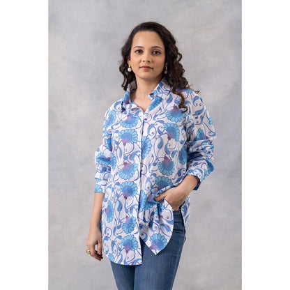 Thee Modern Roots Powder Blue Vine Cotton Mul Shirt