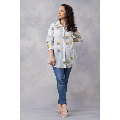 Thee Modern Roots Light Grey Floral Stripe Cotton Mul Printed Shirt