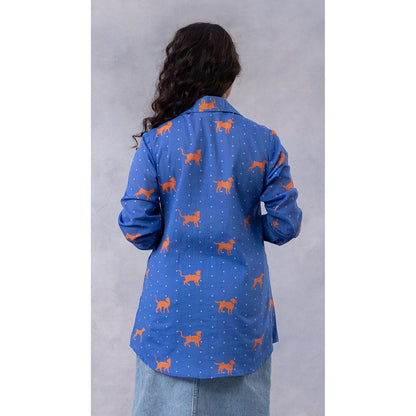 Thee Modern Roots Cobalt Blue Paws And Tails Cotton Mul Printed Shirt