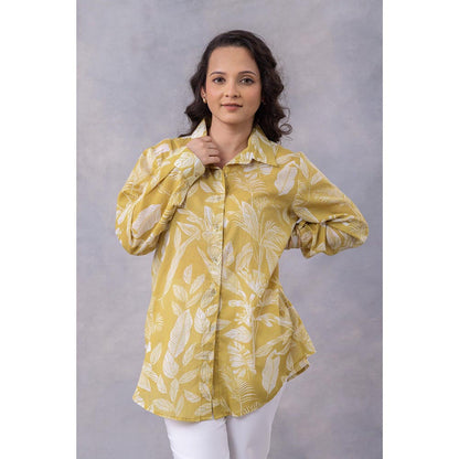 Thee Modern Roots Ochre Tropical Print Cotton Mul Shirt - Yellow