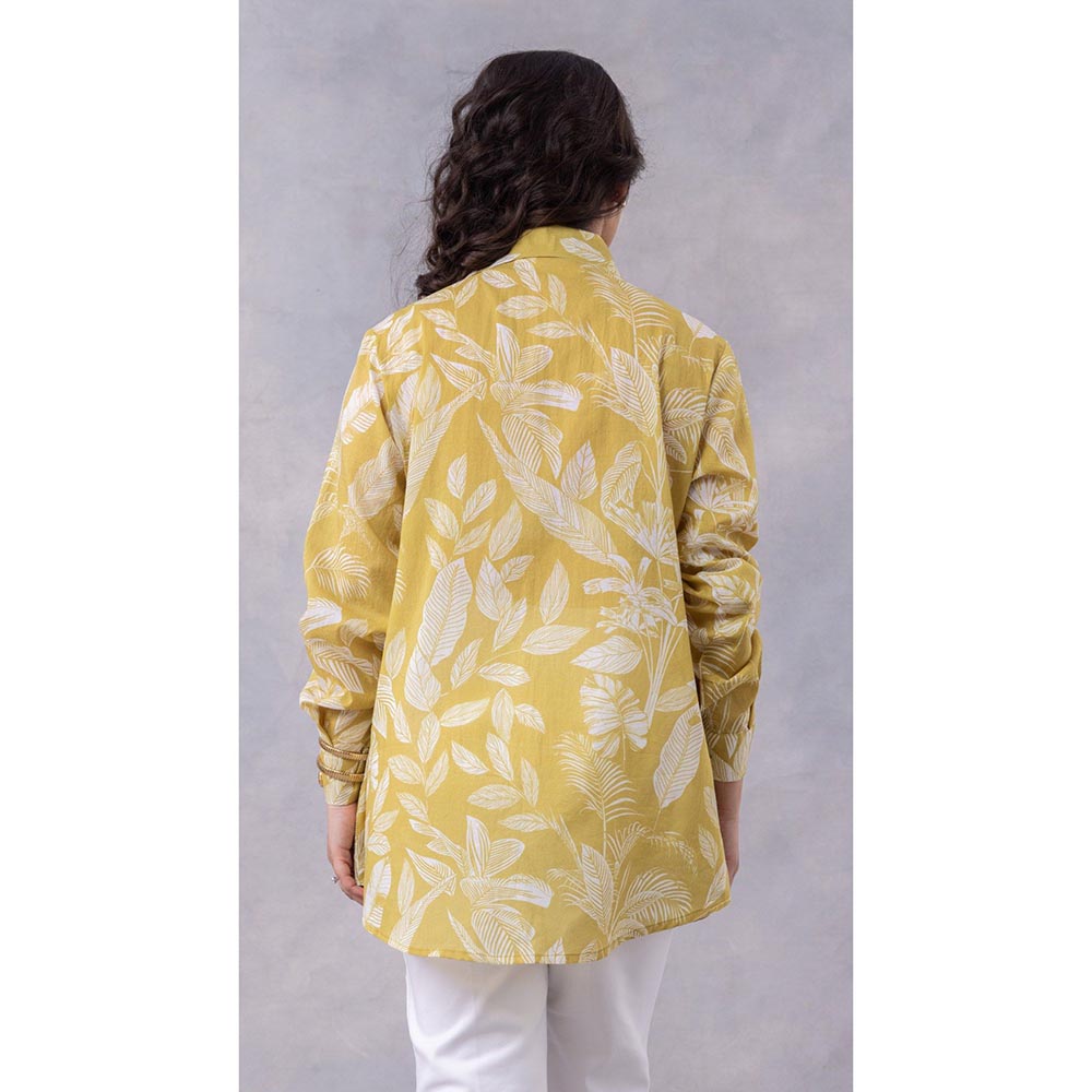 Thee Modern Roots Ochre Tropical Print Cotton Mul Shirt - Yellow