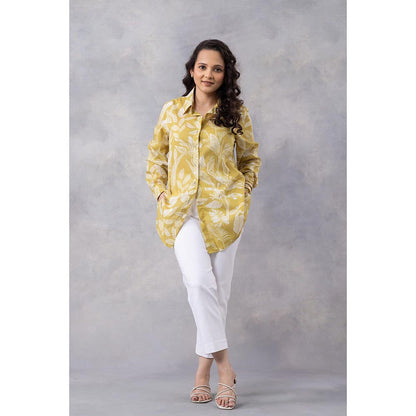 Thee Modern Roots Ochre Tropical Print Cotton Mul Shirt - Yellow