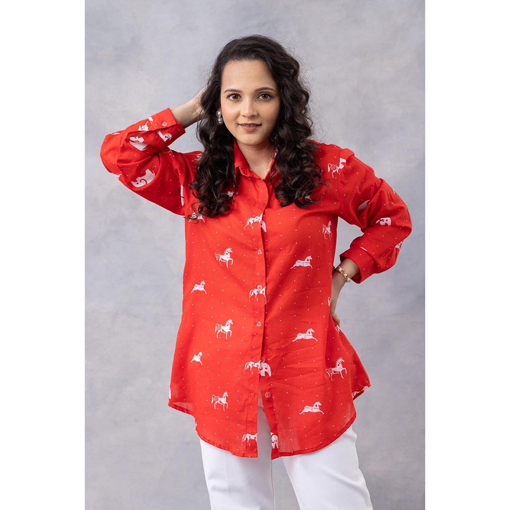 Thee Modern Roots Poppy Red Horse Print Cotton Mul Shirt