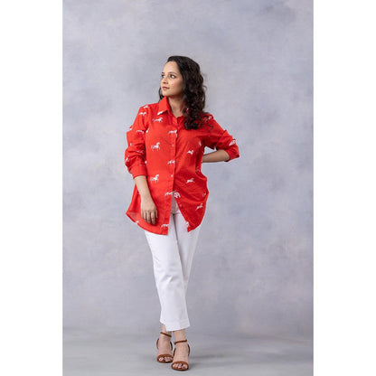 Thee Modern Roots Poppy Red Horse Print Cotton Mul Shirt