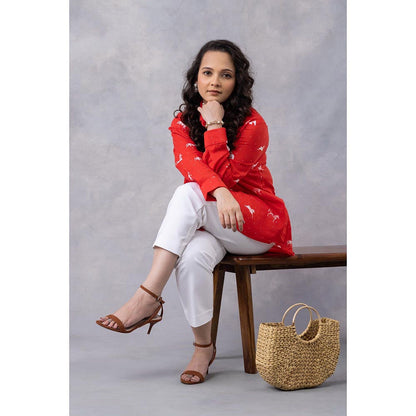 Thee Modern Roots Poppy Red Horse Print Cotton Mul Shirt