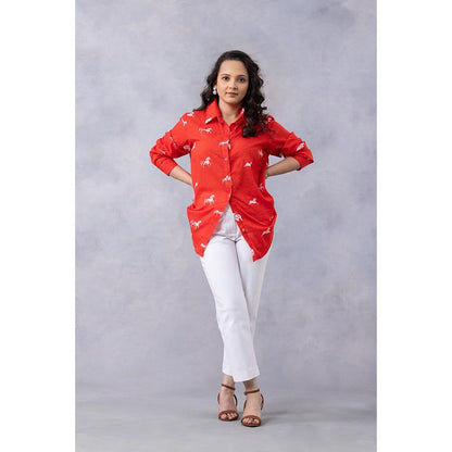 Thee Modern Roots Poppy Red Horse Print Cotton Mul Shirt