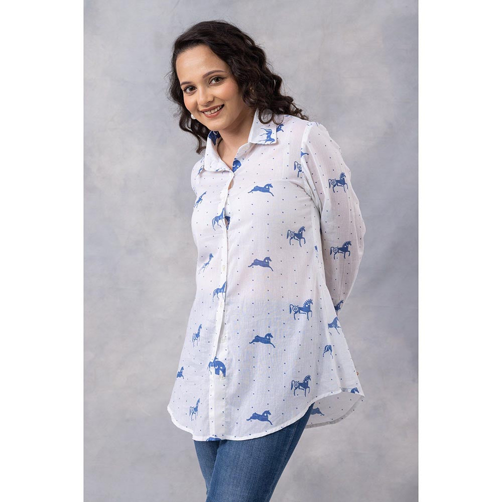 Thee Modern Roots White Horse Print Cotton Mul Shirt