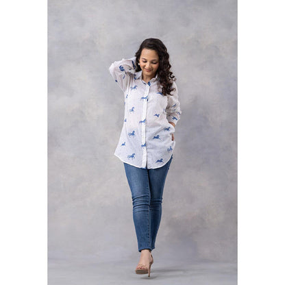 Thee Modern Roots White Horse Print Cotton Mul Shirt