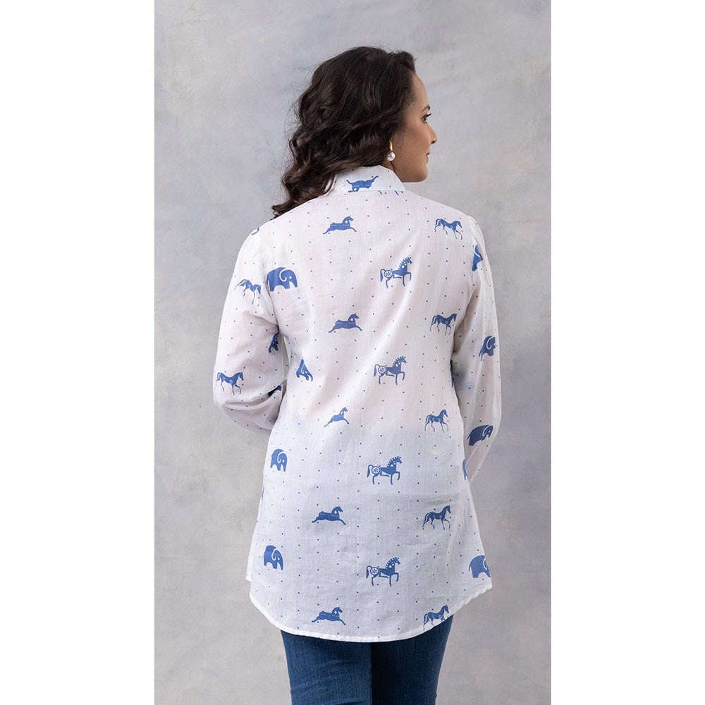 Thee Modern Roots White Horse Print Cotton Mul Shirt