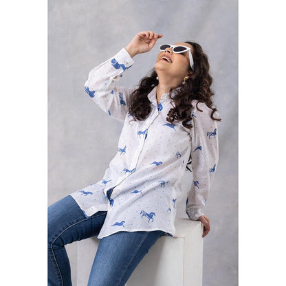 Thee Modern Roots White Horse Print Cotton Mul Shirt